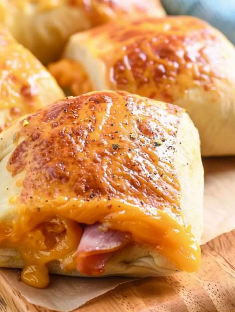 A close up of a hot ham and cheese roll.