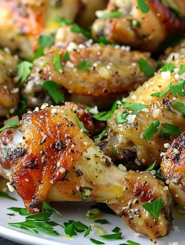 A plate of chicken wings with garlic and Parmesan cheese.