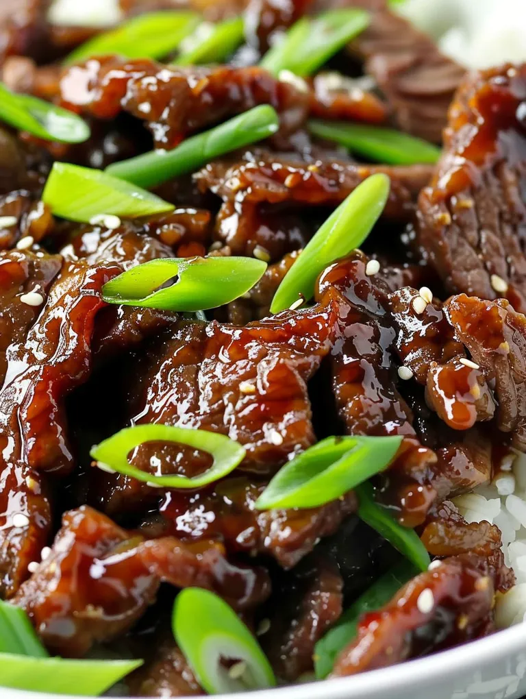 A plate of beef with green onions on top.