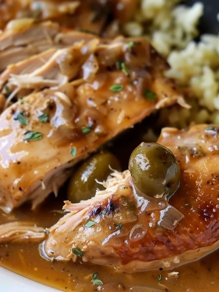 A plate of Mississippi chicken with gravy and green olives.