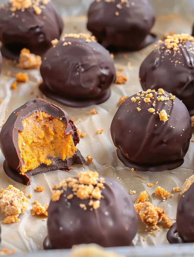 Pumpkin truffles on a tray.