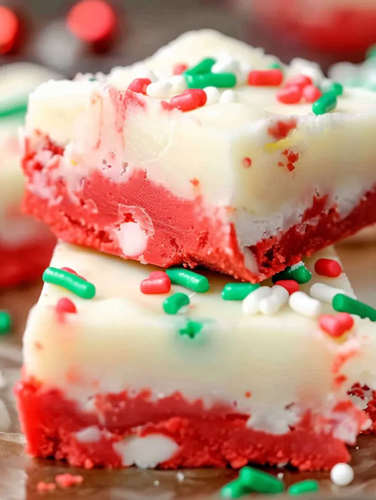A piece of red and white cake with green and white sprinkles.
