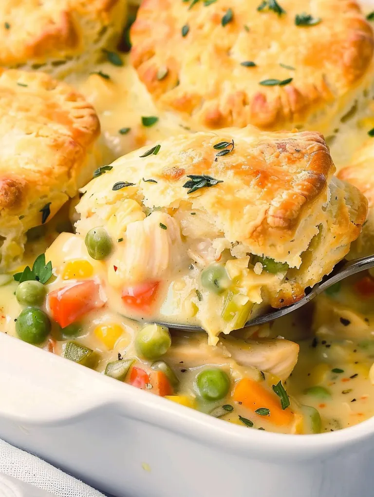 A white bowl filled with a chicken pot pie casserole.