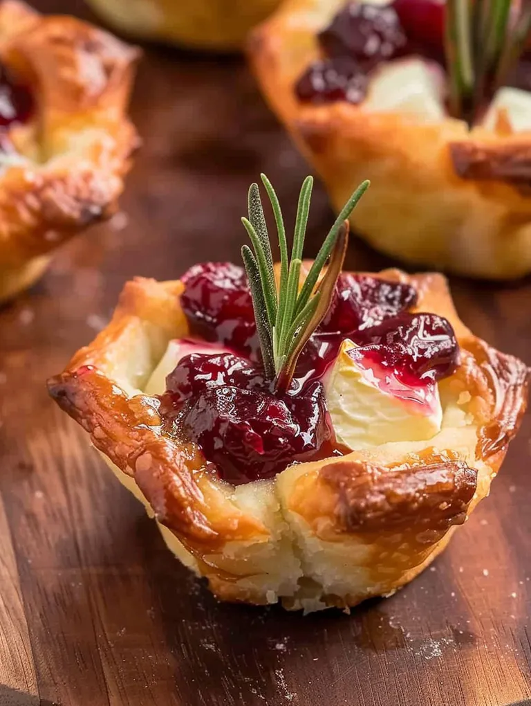 A small pastry with a cranberry filling and a sprig of rosemary on top.