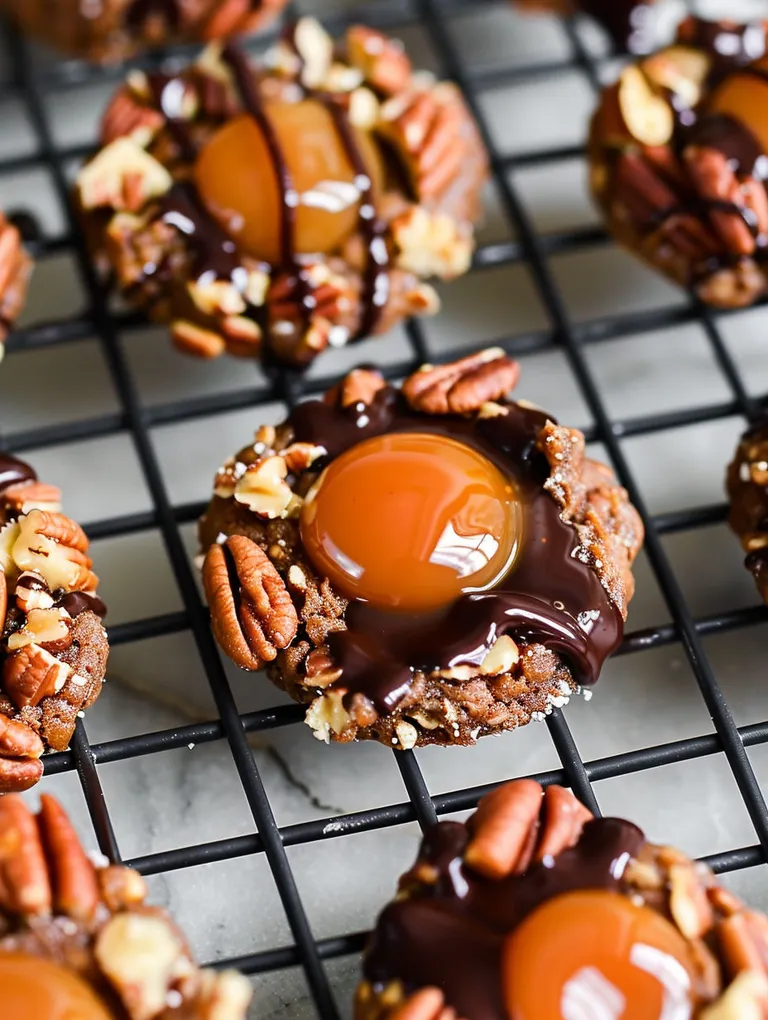 A close up of a chocolate covered pecan.