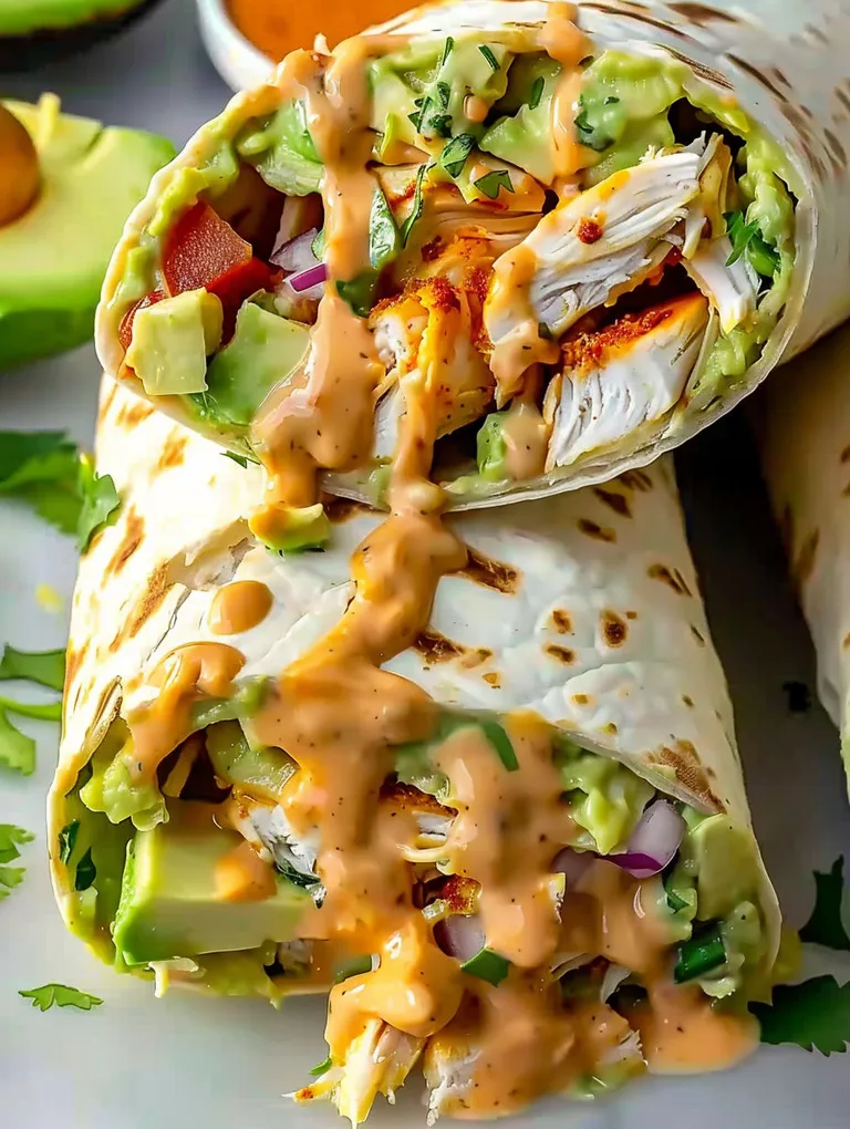 A burrito with chicken and avocado.