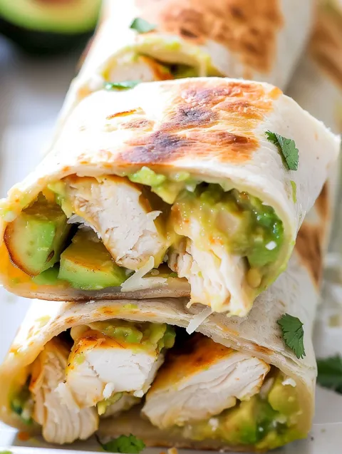 A burrito filled with chicken and avocado.