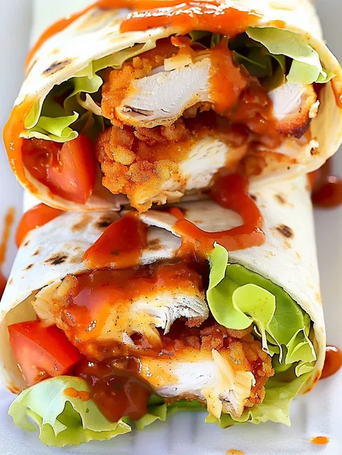 Sticky chicken finger wraps with tomatoes and sauce.
