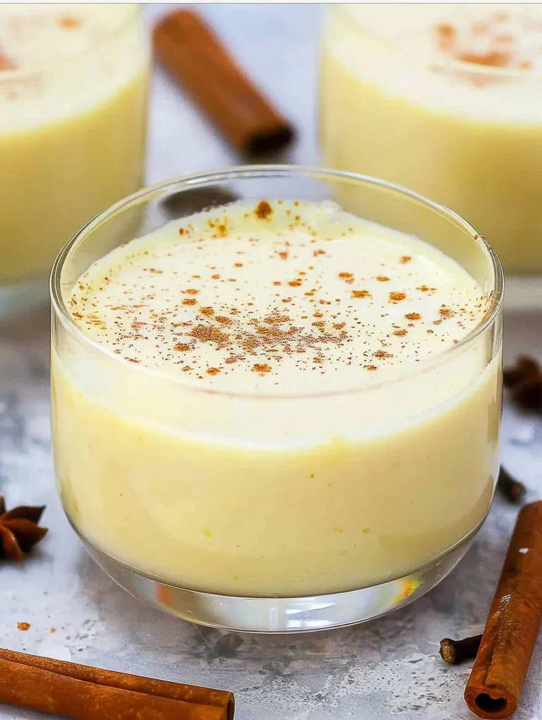 A glass of eggnog with cinnamon on top.
