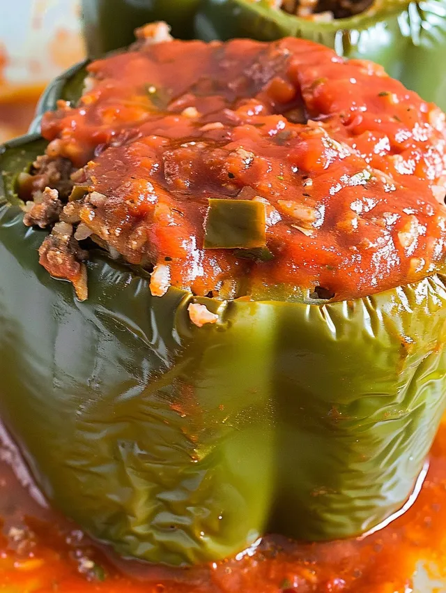 A stuffed pepper with tomato sauce and cheese.