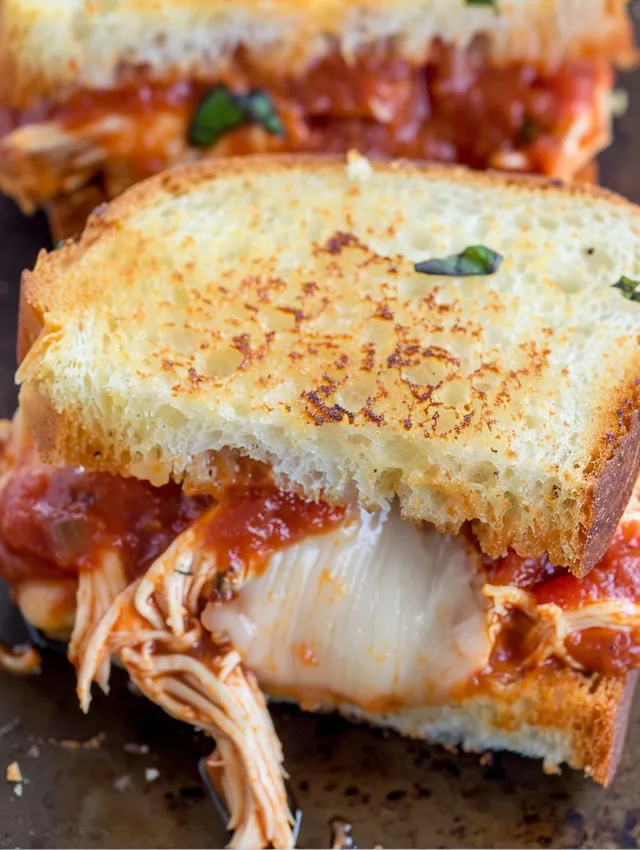 A sandwich with shredded chicken and marinara sauce.