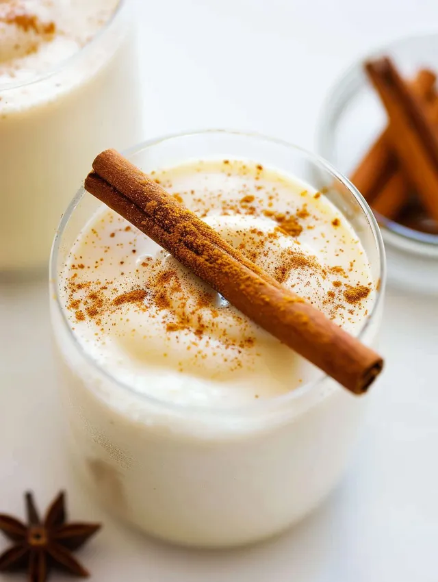 A glass of eggnog with a cinnamon stick in it.