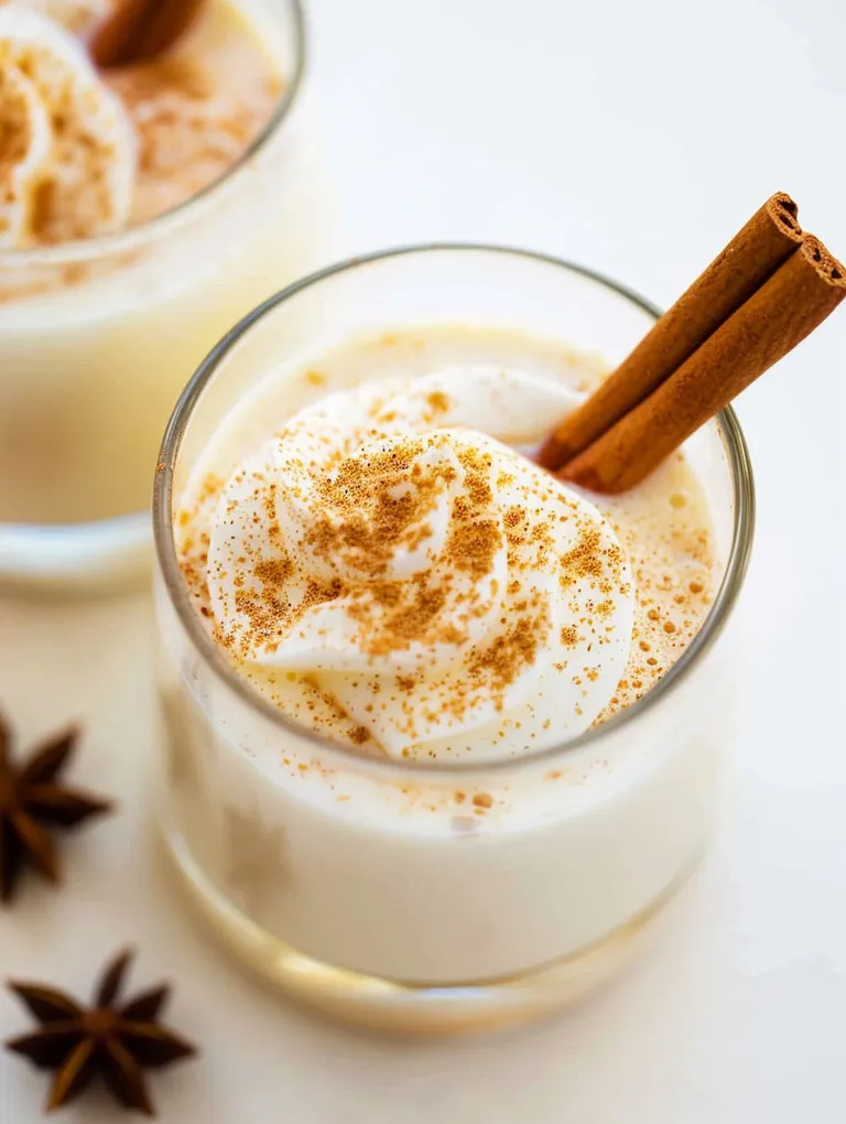 A glass of eggnog with cinnamon on top.