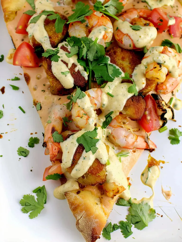 A slice of shrimp po' boy pizza.