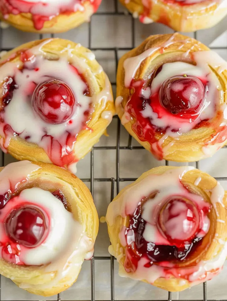 Three Danish pastries with cherries on top.