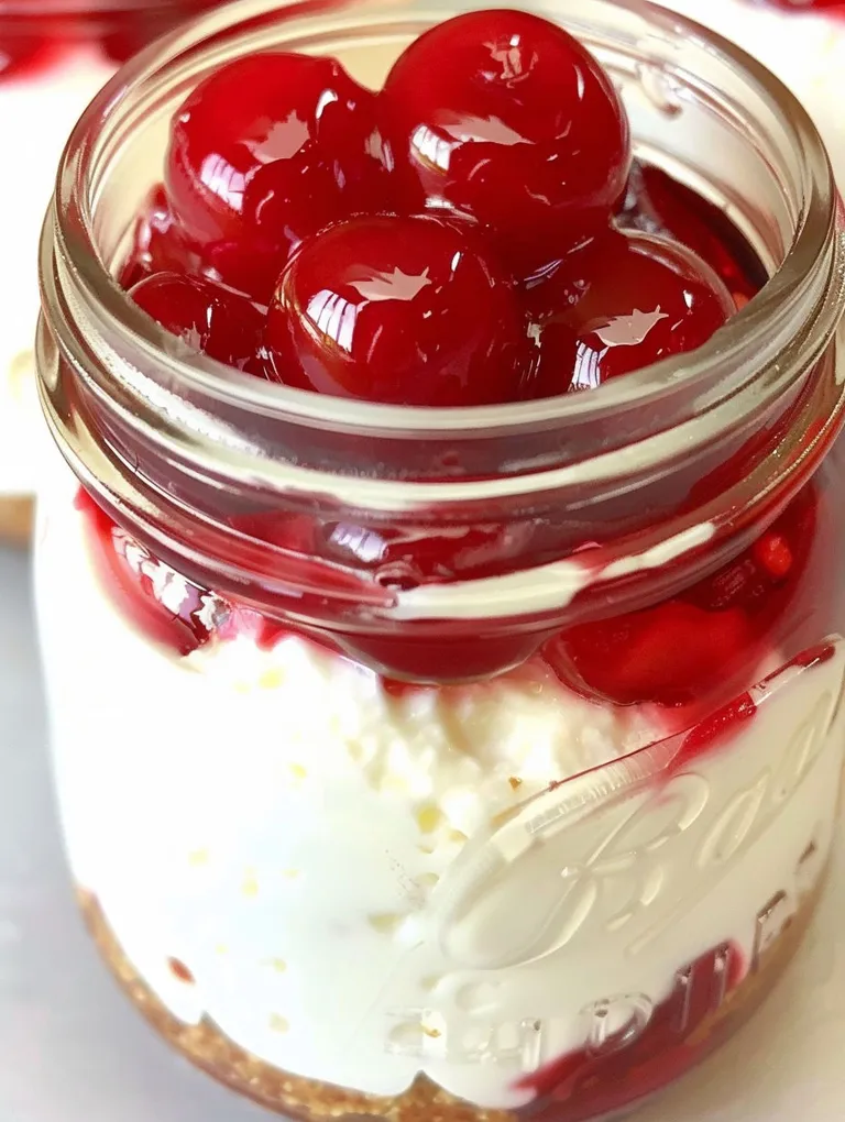 A jar of cherry cheesecake with a cherry on top.