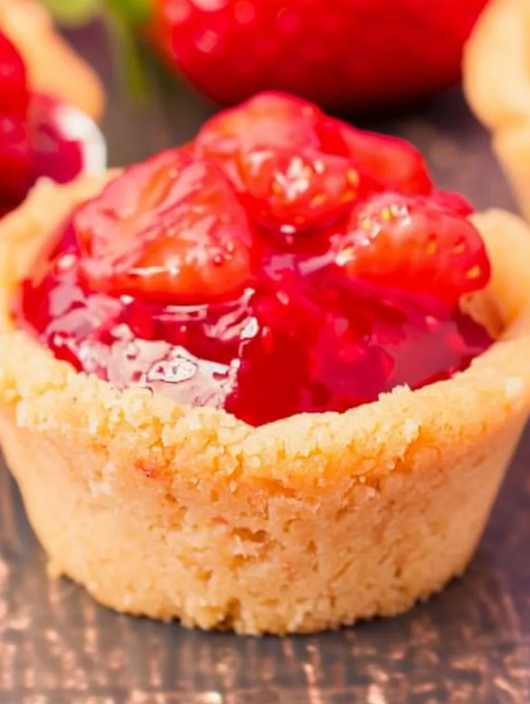 A close up of a cookie cup filled with strawberry jam.