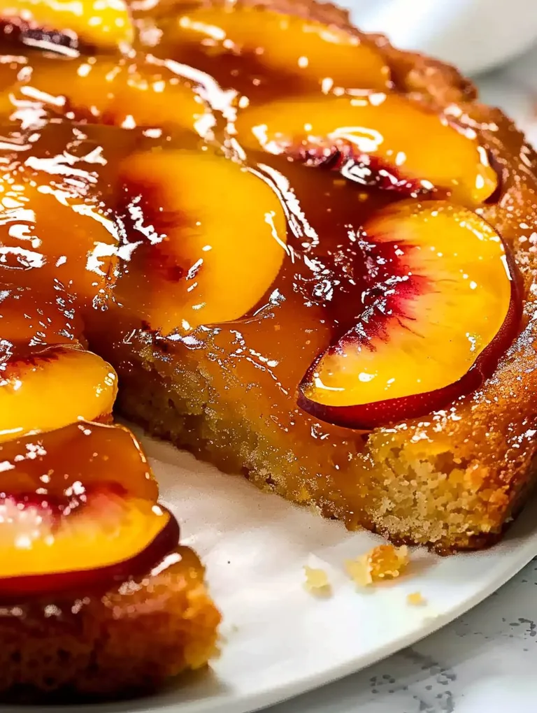 A slice of a bourbon peach upside down cake.