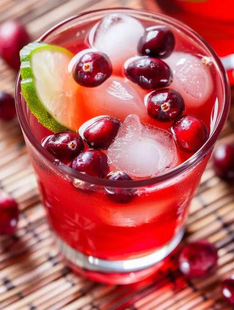 A glass of cranberry margarita with a lime wedge.