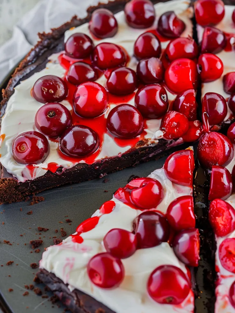 A slice of chocolate cherry brownie dessert pizza.
