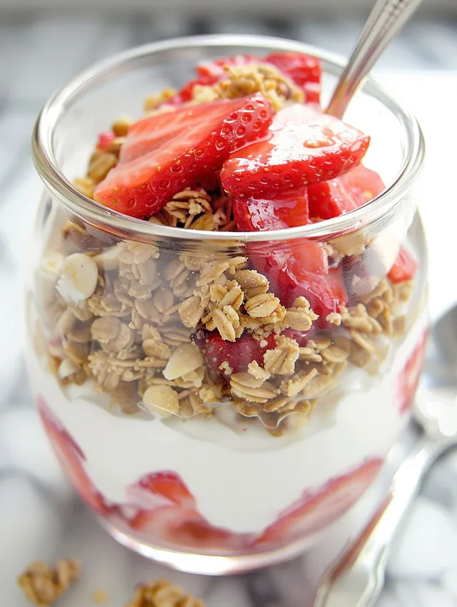 A glass of strawberry cheesecake breakfast parfait.