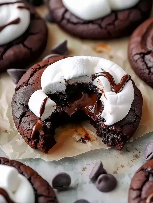 A half eaten chocolate marshmallow cookie.