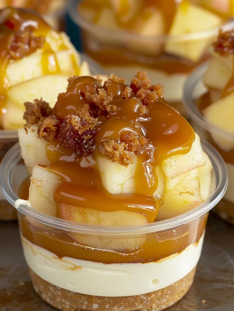 A close up of a caramel apple dessert cup.