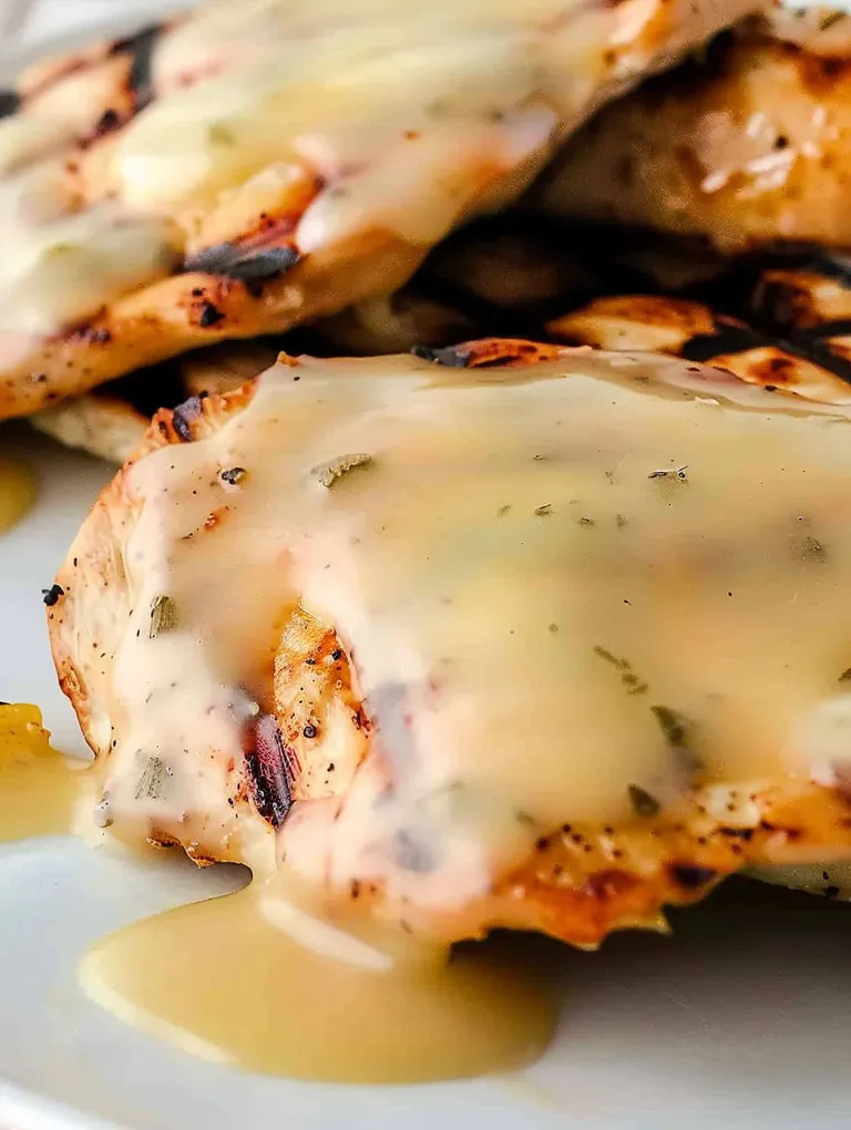 A piece of chicken with cheese on top.