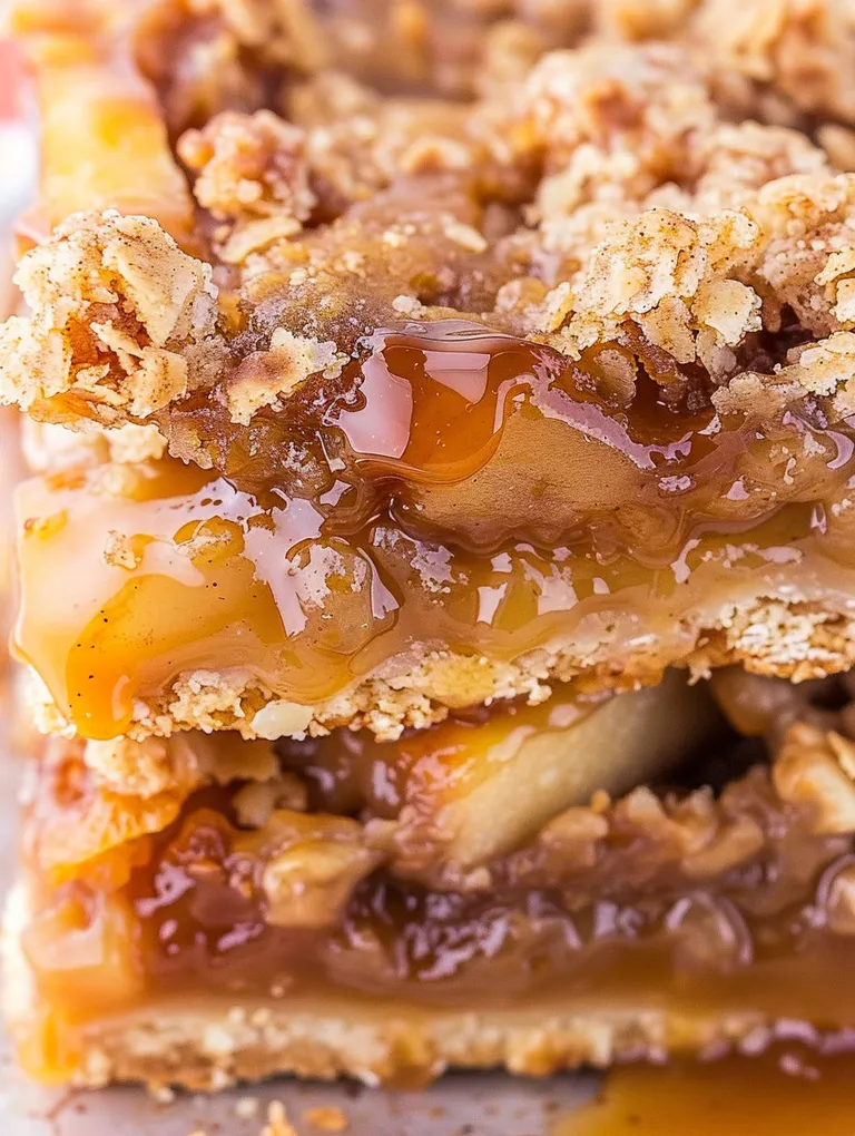 Caramel apple bars with a gooey caramel sauce.