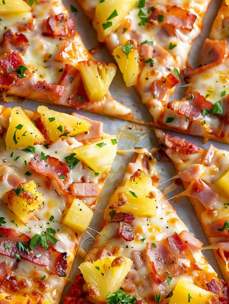 A slice of pizza with ham and pineapple.