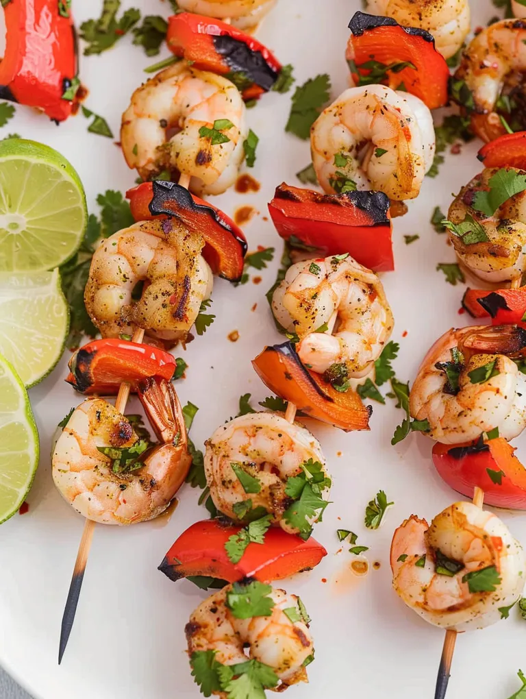 Shrimp skewers with lime wedges.