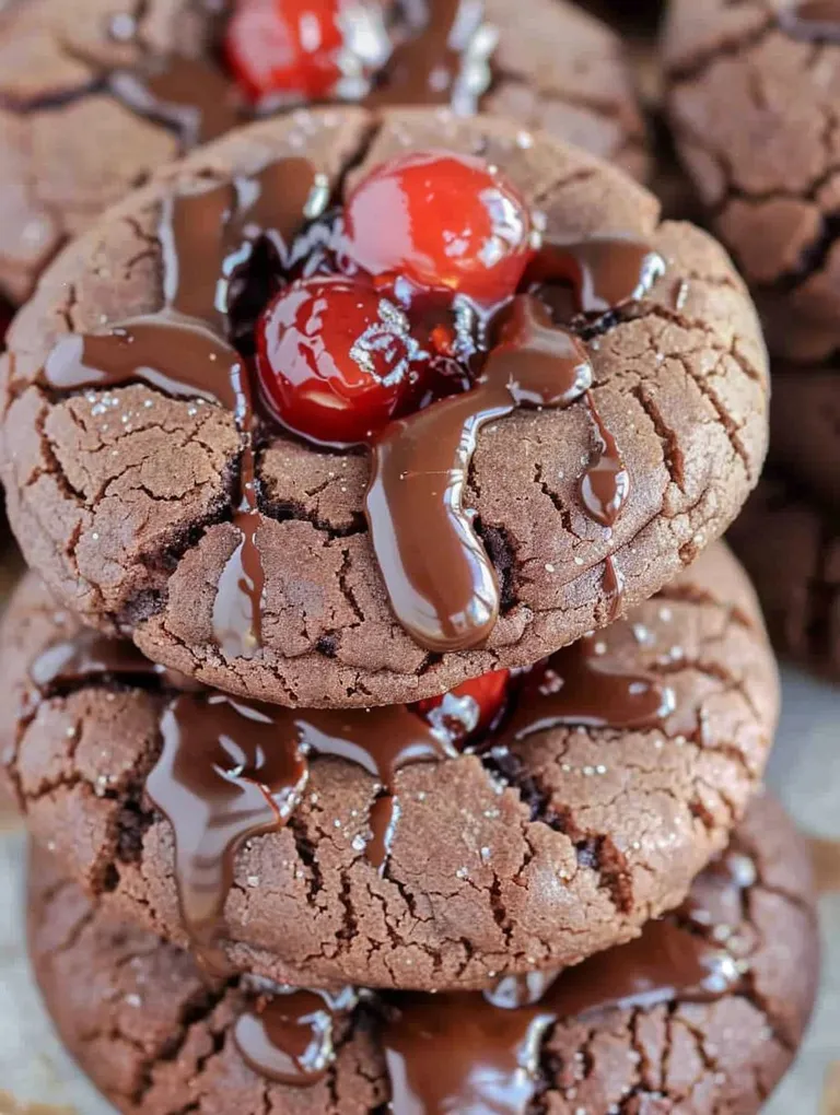A chocolate cookie with a cherry on top.