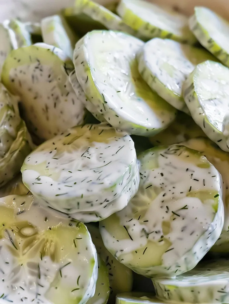 Creamy cucumber salad with green and white cucumbers.