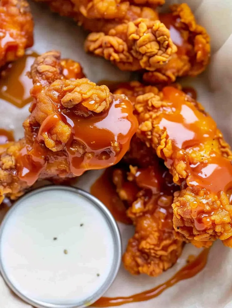 A plate of buffalo chicken tenders with a dipping sauce.