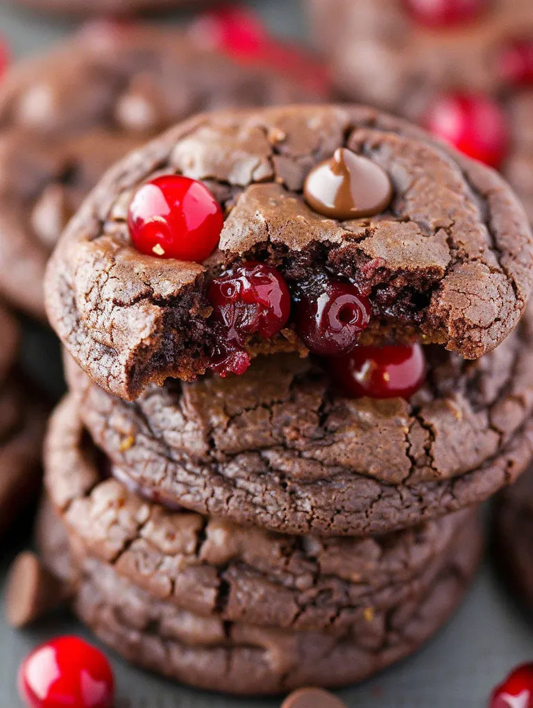 A close up of a black forest cookie with chocolate and cherries.