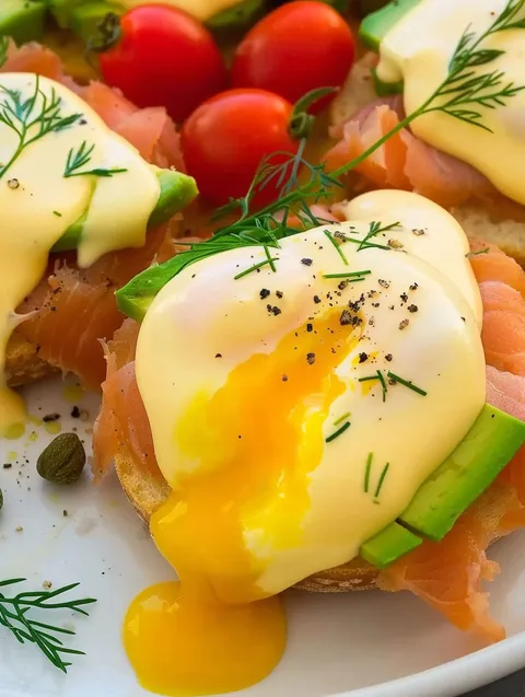 A plate of eggs benedict with smoked salmon.