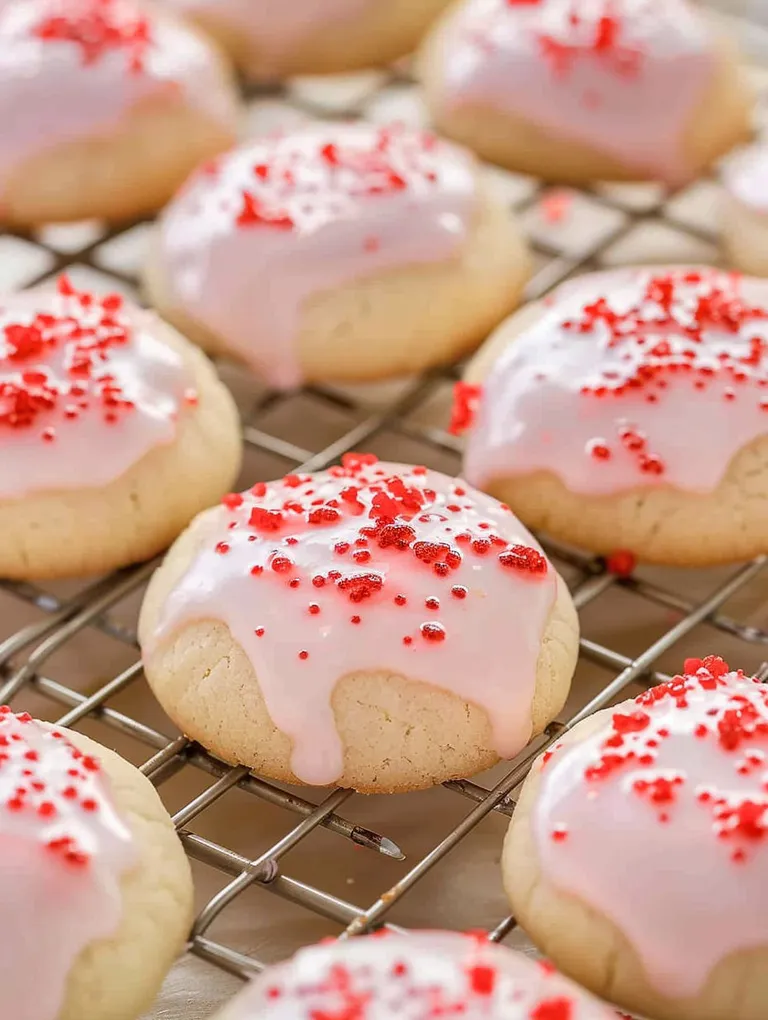 Almond cherry cookies with white frosting and red sprinkles.