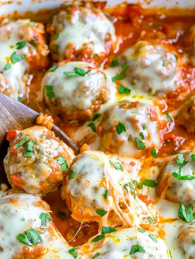 Meatballs covered in cheese and tomato sauce.