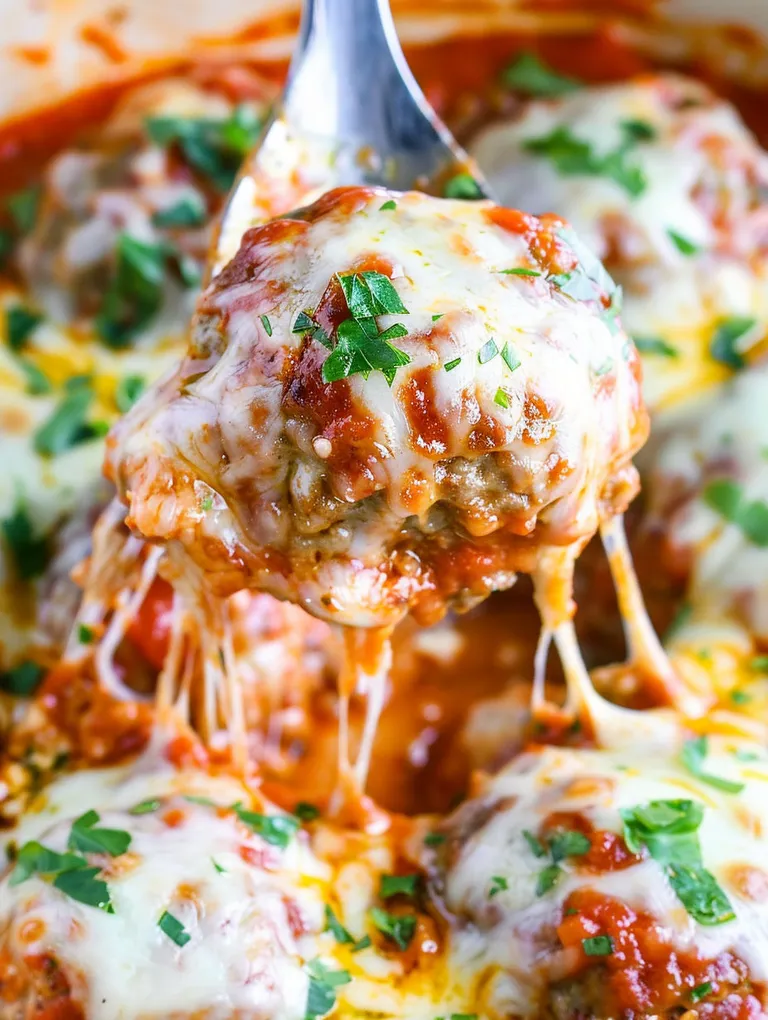 A close up of a meatball parmesan bake.