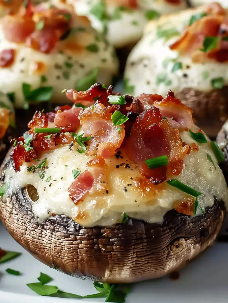 A close up of a mushroom with bacon on top.