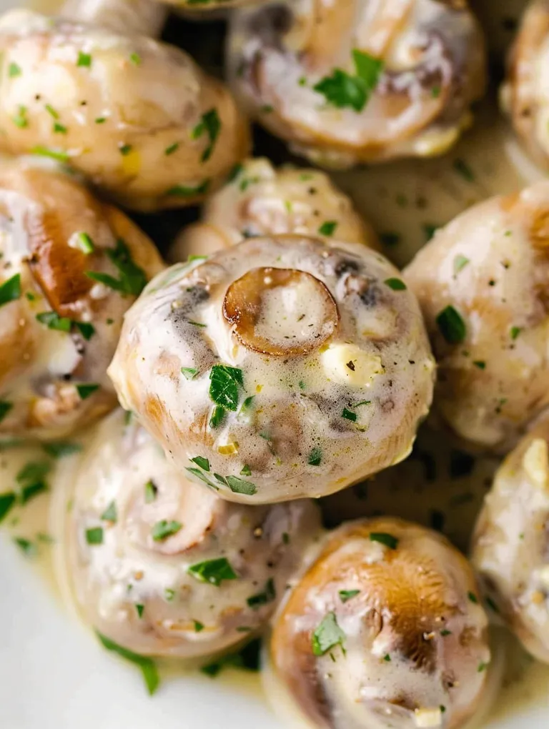 Mushrooms covered in garlic and Parmesan cheese.