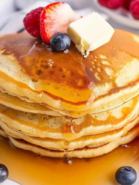 Fluffy pancakes with butter and strawberries.