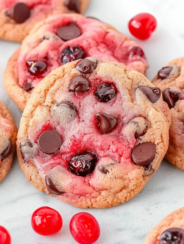 A close up of a cherry chocolate chip cookie.