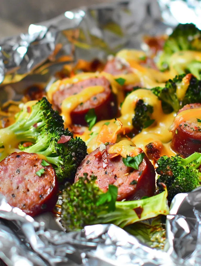 Sausage and broccoli in foil packets.
