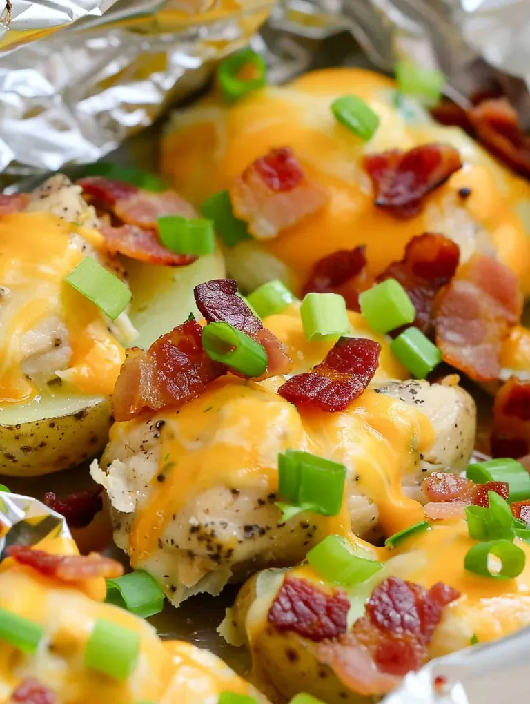 Bacon wrapped chicken and potatoes with cheese.
