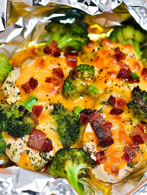 A close up of a delicious keto chicken bacon ranch air fryer foil packet.