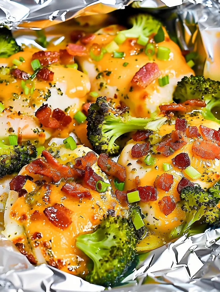 A close up of a delicious keto chicken bacon ranch air fryer foil packet.