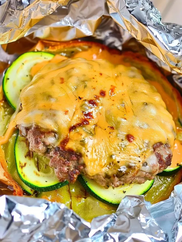 A cheeseburger with zucchini and cheese.