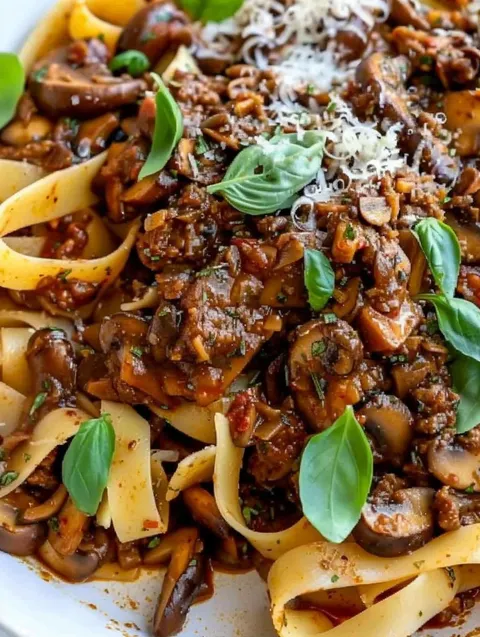 A close up of a delicious mushroom ragu.