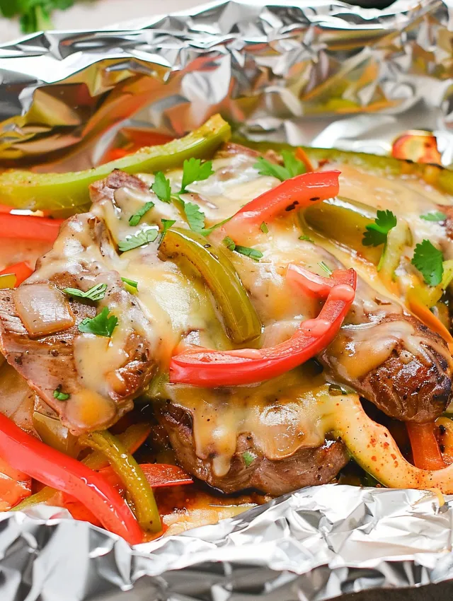 A foil packet of steak fajita with peppers and onions.
